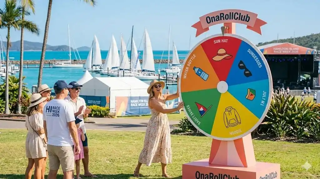 Crowd gathered around the ONAROLLCLUB prize wheel at Race Village