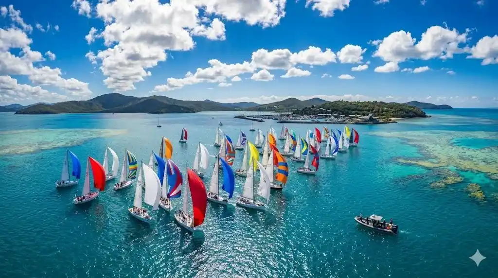 Aerial view of sailboats racing on the Whitsundays